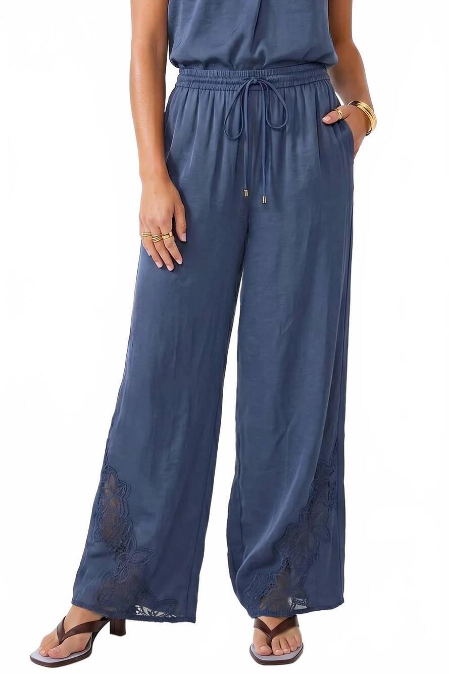 NEW NAKED ZEBRA floral lace detail wide leg pants in blue
